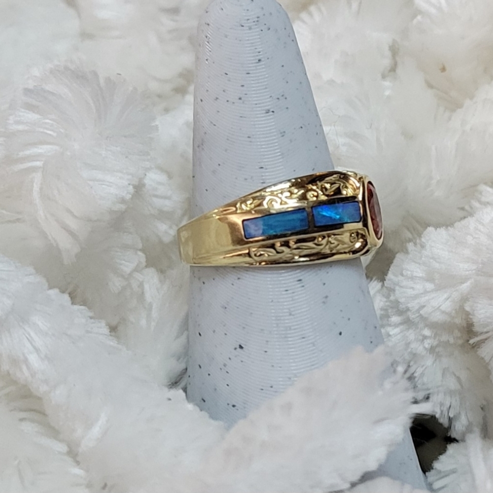 FINAL PRICE BEAUTIFUL 14K Yellow Gold Padparadscha Sapphire & Inlaid Opal Ring - Picture 5 of 7